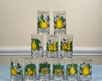 (11pc) D'AUTEUIL GLASSWARE  |
All decorated with yellow fruits - h. 4.25 x dia. 2.5 in.
