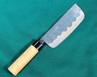JAPANESE CHEF'S KNIFE  |
Would handle, with three character marking on blade (l. 6 in.) - l. 10.75 in. (overall)