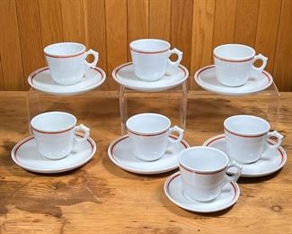 (14pc) D'AUTEUIL TEACUPS  |
French Porcelaine D'Auteuil Bistro Rust Orange cups and saucers, including seven teacups and seven accompanying saucers