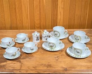 (18pc) D'AUTEUIL CUPS & SAUCERS  |
Including four coffee cups (h. 2.5 x w. 4.5 in.) and saucers, four tea cups and small saucers, and two lidded sugar jars, one with a wooden spoon, one lid with clover decoration, the other lid with no decoration