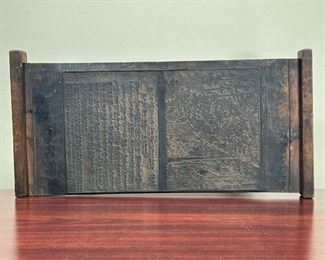 JAPANESE WOOD BLOCK  |
With inscription and detailed carved hillside townscape - w. 19 x h. 9.5 in.