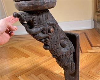 BAROQUE CARVED PRICKED SCONCES  |
Architectural element, heavily carved in high relief with leaves, scrolls, and other devices, mounting a large pricket candle holder - l. 14.5 x w. 924 in.