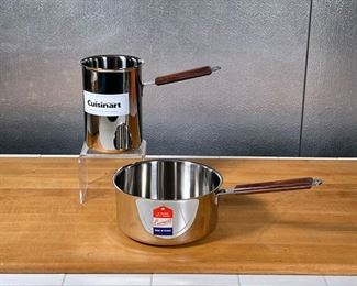 (2pc) CUISINART COOKWARE  |
Stainless steel cooking pots, both with wood handles, including an 8-inch pot and a tall saucepan (asparagus cooker) - l. 15.75 x w. 9 in. (largest box)