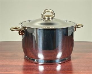 STAINLESS ICE BUCKET  |
Stainless steel with brass handles, no apparent markings - w. 13.25 x h. 6.25 x dia. 10.25 in. (Without lid)