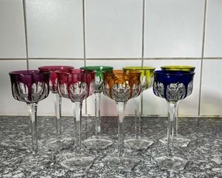 (8pc) COLORED GLASS STEMWARE  |
Tall colored glass stemware, each having a unique colored dripping design - h. 7 1/2 x dia. 3 in.
