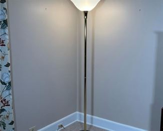 BRASS & MARBLE FLOOR LAMP  |
Tall brass Colum, with a large domed plastic shade, and a round dark green or gray marble base - h. 69.75 x dia. 19 in.