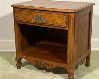 BAKER FURNITURE, SIDE TABLE  |
Or nightstand single drawer, over an open shelf, reeded sides, and scroll feet, shell carvings - l. 18 x w. 26 x h. 25 in.