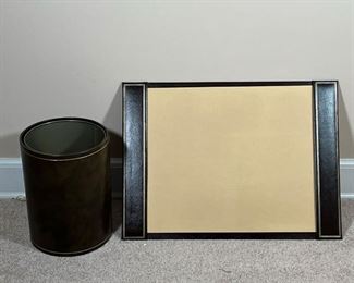 (2pc) LEATHER DESK ARTICLES  |
A&M Leatherlines, New York, including a brown leather waste bin and a matching desk writing pad, both with embossed silver trim - l. 26 x w. 19 in. (desk pad)