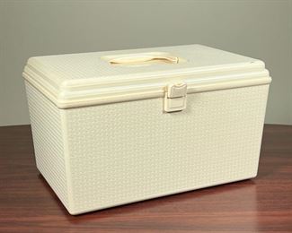 SEWING BOX & SUPPLIES  |
An extensive collection of sewing supplies including threads buttons needles and more - l. 14 x w. 9 x h. 8.25 in. (box)