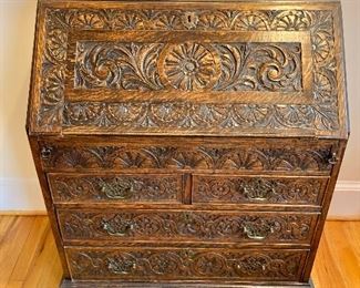 Vintage carved desk/secretary with leather top