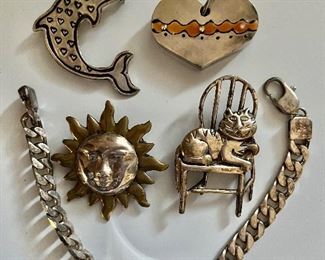 Sterling silver ID bracelet and vintage pins (Mexico)