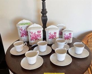 Five-piece French Canister Set and 12-piece Cup and Saucer Set