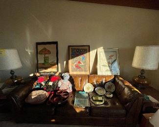 Plates, Serving Trays and Sets, Roaster, Toy Bears, Various Artwork, Lamps, Leather Sofa