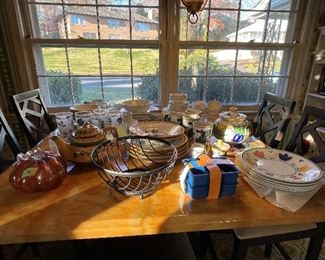 Wire Frame Bowl, Glass Pumpkin, Ceramic Teapot, Silicone Ice Cube Trays, Ceramic Dinnerware and Serving Sets, Glassware, etc.