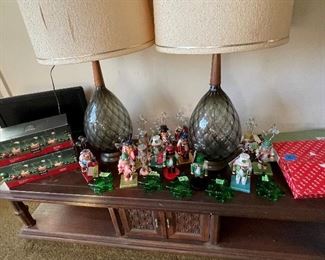 Mid-Century Wood and Glass Lamps, Nutcracker Holiday Card Holders, Christmas Tree Candle Holders, Tea Light Sets, Coffee Table, etc.