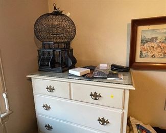 White Chest of Drawers, Bird Cage, Calculators, Art, etc.