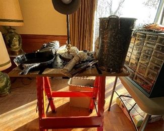 Work Table, Work Lamp, Hardware Storage Cabinet, Waste Basket, Various Tools