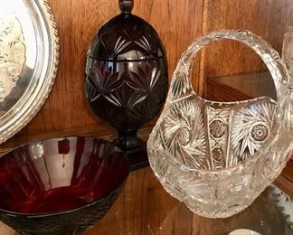 Ruby Glass Egg and Bowl with Crystal Basket 