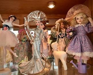 Vintage Bob Mackie Lady Liberty Barbie Doll (Front Center), Vintage Ashton Drake Porcelain Doll (Front Right) and Other Collectible Porcelain and Barbie Dolls 