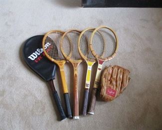 Vintage Tennis Raquets and Baseball Glove