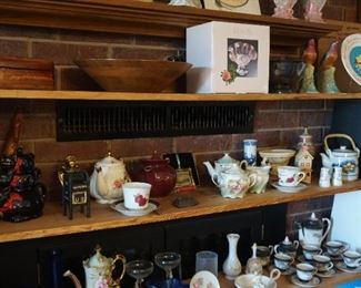 tea pots, wood bowl, wood box, plates, tea sets