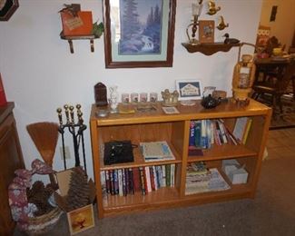 bookcase, fireplace tools, decor