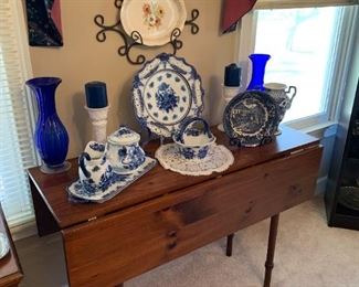 Blue and white, drop leaf table 