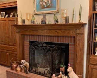 home accents, Glass and metal fireplace screen, copper coal bucket, copper teapot