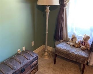 Floor Lamp, Steamer trunk, Stool 