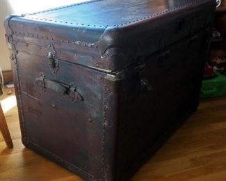 Antique Travel Trunk With Tray Inserts And Brass Hardware, 24" x 36" x 21"