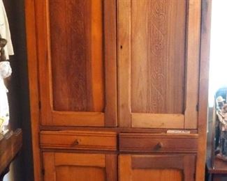 Antique Wood Armoire With Carved Doors, 5 Shelves , 72.5" x 37" x 17"
