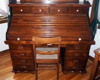 Vintage 11-Drawer Roll Top Desk, 50.5" x 54.5" x 28.5", Including Upholstered Chair