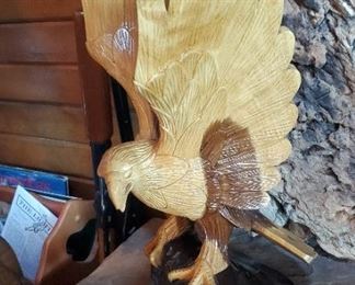 Hand Carved Eagle Statuette, 21" x 8" x 8" And Robin