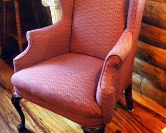 Upholstered Wing Back Arm Chair With Carved Cabriole Legs, 40" x 29" x 25"