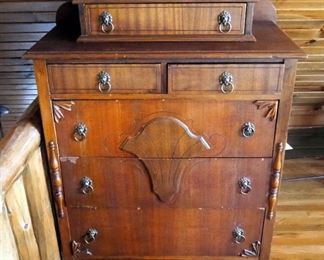 Antique Highboy Dresser With 6 Drawers, Brass Lion Head Drawer Pulls And Wood Casters, 55" x 34" x 18"