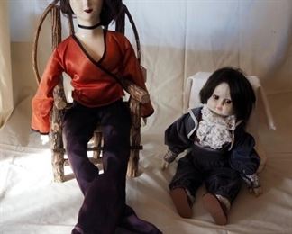 Soft Bodied And Wood Hand Painted Doll, And Painted Porcelain Doll With Wood Chair