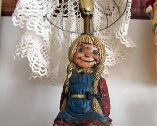 Vintage Wood Carved Girl Sitting On Block And Vintage Cabbage Patch Lamp With Shade, Both Power On