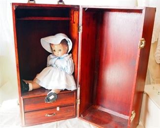 Effanbee Patsy Joan Doll In Wood Carrying Case/Wardrobe, Dolls Arms Are Not Attached, And Wood Doll Wardrobe