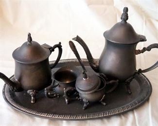 Silver Plated Tea Set, Including Serving Tray, Tea Pot, Coffee Pot, Creamer And Sugar