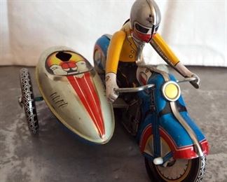 Pressed Tin Litho Motorcycle With Side Car And Airplane