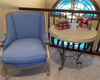 2 Matching Blue chairs, and 2 Matching round tables