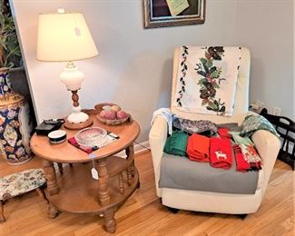 MAPLE ROUND TABLE, CHRISTMAS LINENS,  ELECTRIC RECLINER CHAIR
