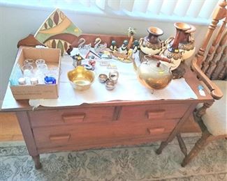 NICE LOW CHEST, SALT CELLARS AND SHAKERS, BRASS TEA POT AND MORE