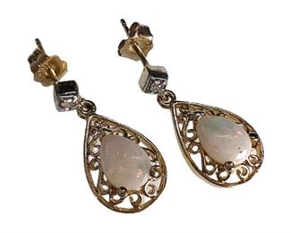 14kt Yellow Gold Opal and Diamond Dangle Earrings