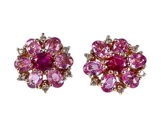 14kt Yellow Gold Ruby Pink Sapphire and Diamond Earrings