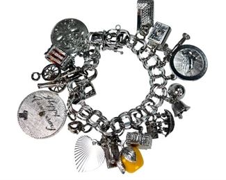 Sterling Silver Charm Bracelet with Many Charms