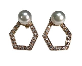 Unique 14kt Yellow Gold Pearl and Diamond Earrings