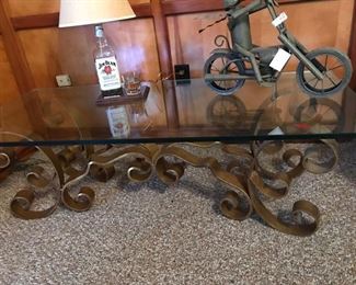 1/2" glass top coffee table, curved iron base