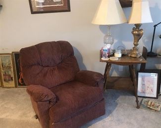 Vintage Table, recliner, lamps and prints