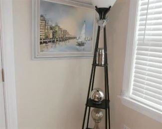 Black Metal Floor Lamp, Mercury Glass and Oil Painting
